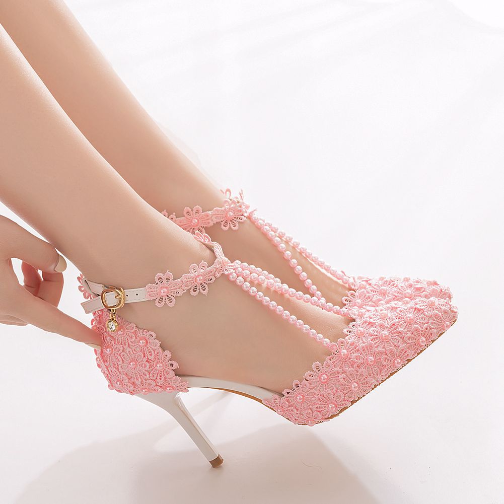 Women Ankle Strap Pointed Toe Lace Beads Bridal Wedding Shoes Stiletto Heel Sandals