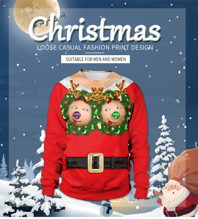 Christmas Spoof Big-chested Print Pullover Round Neck Couple Sweater