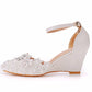 Women Pointed Toe Pearls Lace Ankle Strap Wedge Heel Pumps