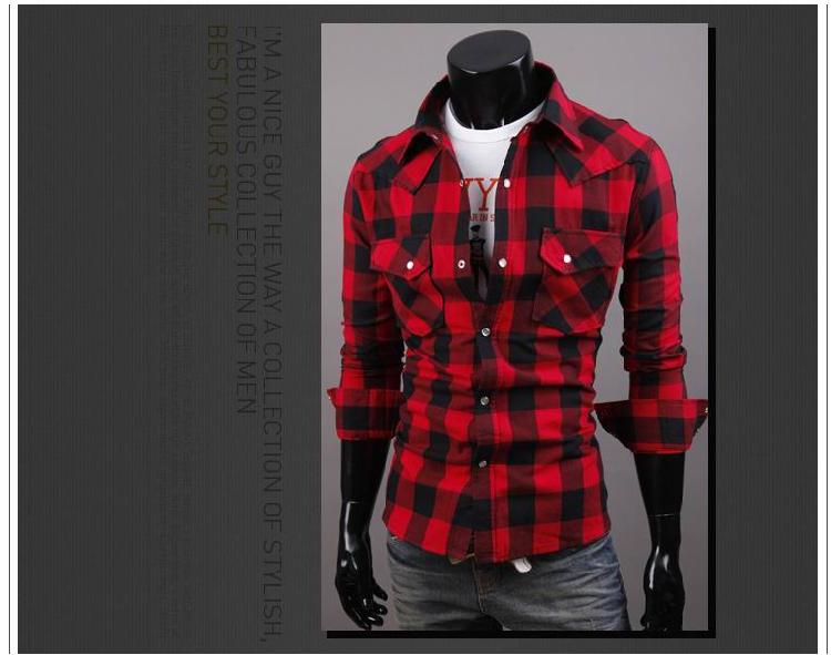 Men's Fashion Button Decor Cotton Plaid Casual Slim Fit Long Sleeves Shirts