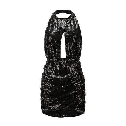 Backless Halter Sexy Hollow Out Sequined Night Club Formal Women's Dresses