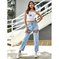 Ins Fashion Loose All-matched Holes Chains Straight High Waist Denim Long Women Jeans