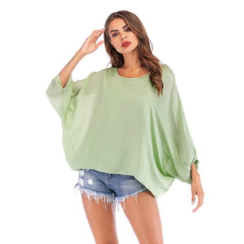 Spring and Fall Round Neck Loose Solid Color Bat Sleeve Top Women T Shirts