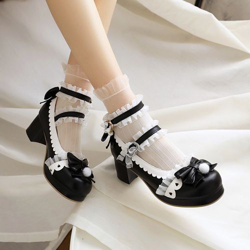 Women Lace Buckle Chunky Heel Pumps Mary Janes Shoes with Bowtie