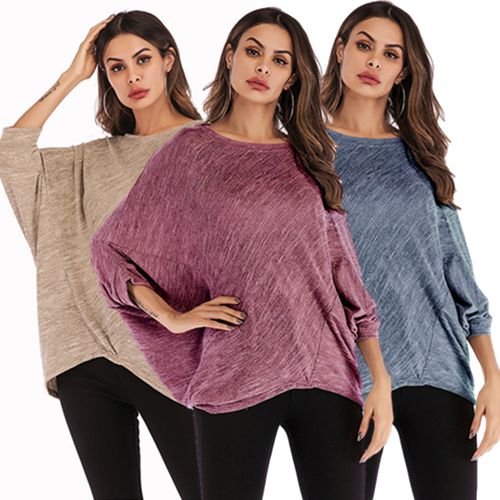 Solid-colored Bat-sleeve Casual  Spring Loose Round Collar Top Women T Shirts