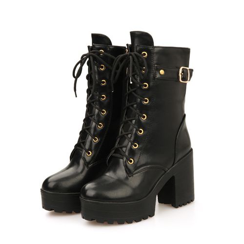 Women Lace Up Buckle High Heel Short Motorcycle Boots