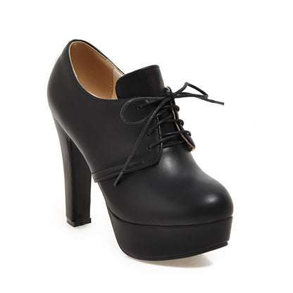Women Platform Pumps Lace Up High Heels Black White Beige Shoes Woman 3552