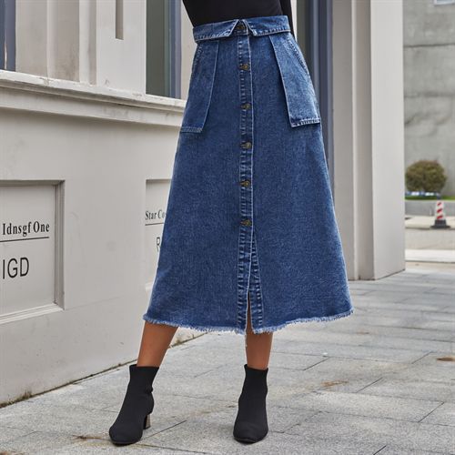 Ins Fashion Button Design Pocket Denim Long Women Skirts