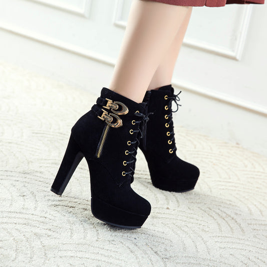 Women Ankle Boots Lace Up Buckle High Heels Shoes Woman 2016 3556