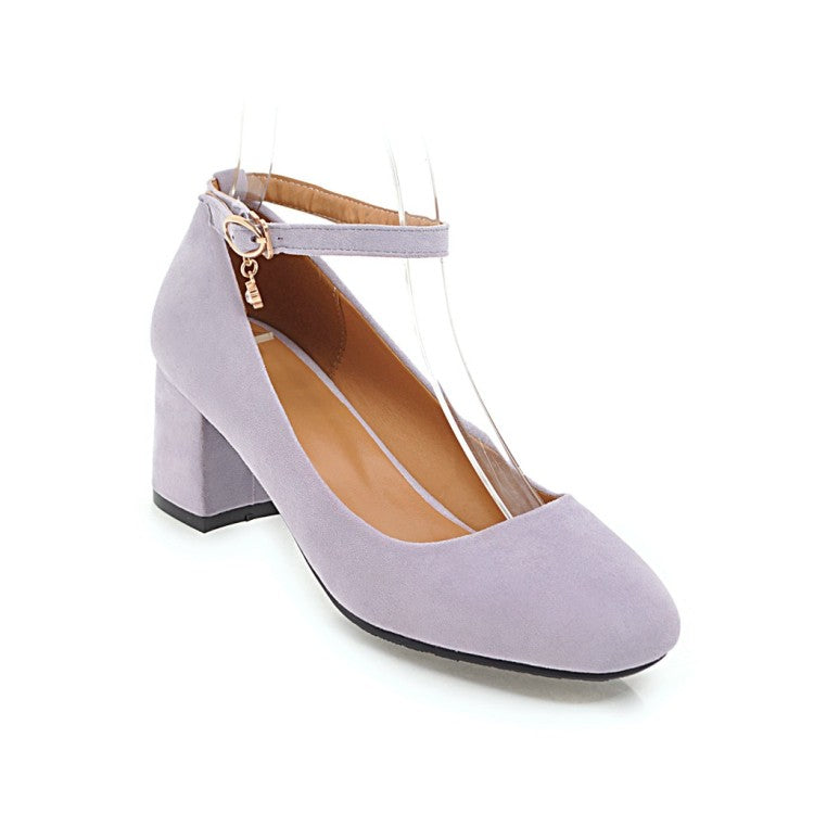 Round Toe Flock Ankle Strap Women Chunky Heel Pumps 4982