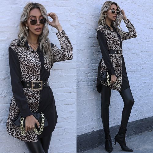 Women Leopard Print Stitching Mid-length Shirt Long Sleeve Blouse