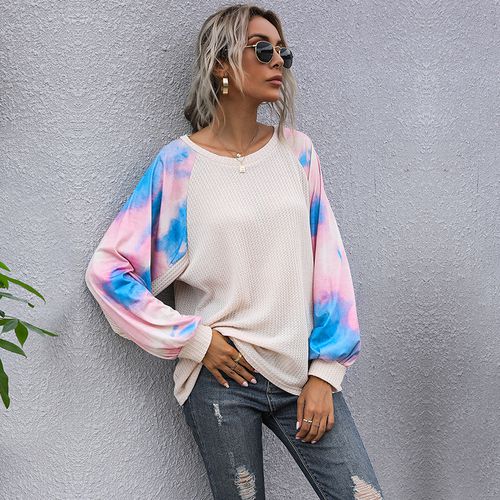 Tie-dyed Spliced Long-sleeved S Spring Loose Round Neck Tops Women T Shirts