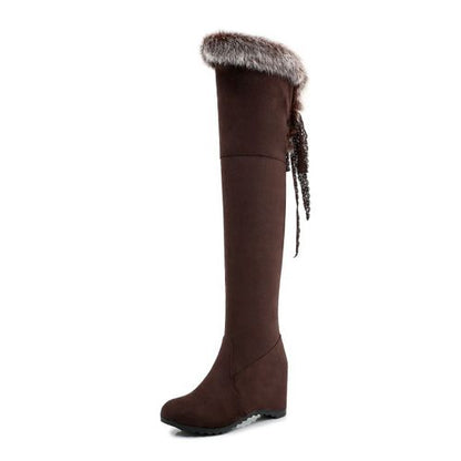 Women Fur Over the Knee Wedges Heels Boots