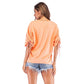 Solid Color Round Neck Tie-up Pile Sleeve Half Sleeve Loose Top Women T Shirts