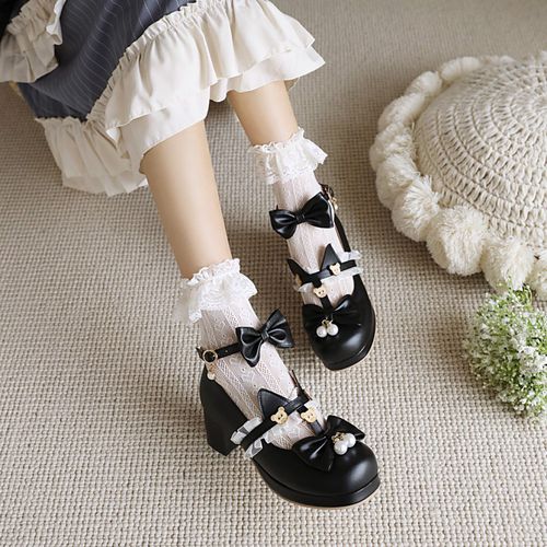 Women Pearl Chunky Heel Pumps Mary Janes Shoes with Bowtie