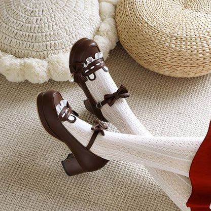 Women Chunky Heel Pumps Mary Janes Pricess Shoes with Bowtie