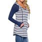 Striped Hooded  Spring Loose V-neck Mid-length Top Women T Shirts
