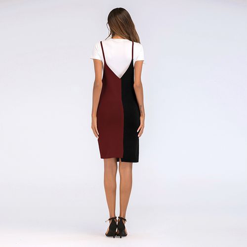 V-neck Color Matching Irregular Beam Waist Hip Strap Women Dresses