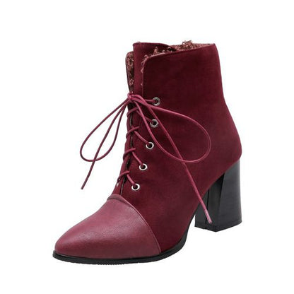 Women Pointed Toe Lace Up High Heels Short Boots