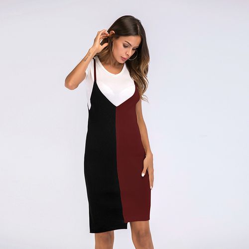 V-neck Color Matching Irregular Beam Waist Hip Strap Women Dresses