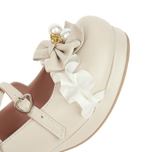 Women Buckle Pearl Chunky Heel Pumps Mary Janes Shoes with Bowtie