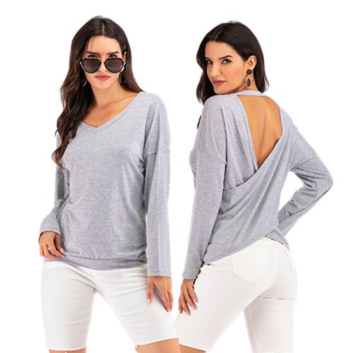 Solid Cross Sexy Open Back  Spring Casual Top Women T Shirts