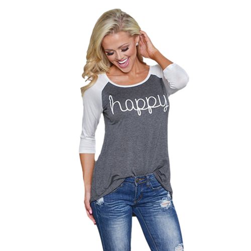 Letter Print Color Matching  Spring Medium Sleeve Crew Neck Top Women T Shirts