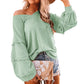 Womens Waffle Lantern Sleeve Ruffled V-neck T Shirt Long Sleeved Top