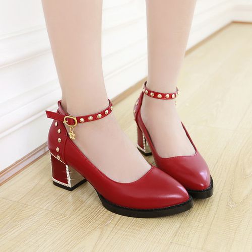 Women Ankle Strap Rivets High Heeled Chunky Heels Pumps
