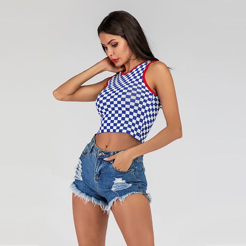 Contrasting Plaid Knitted Vest Women's Short Navel Sleeveless Condole Top