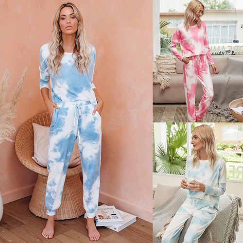 Gradient Print Pajamas Tie-dye Long-sleeved Pullover Tops Trousers Home Two-piece Suit