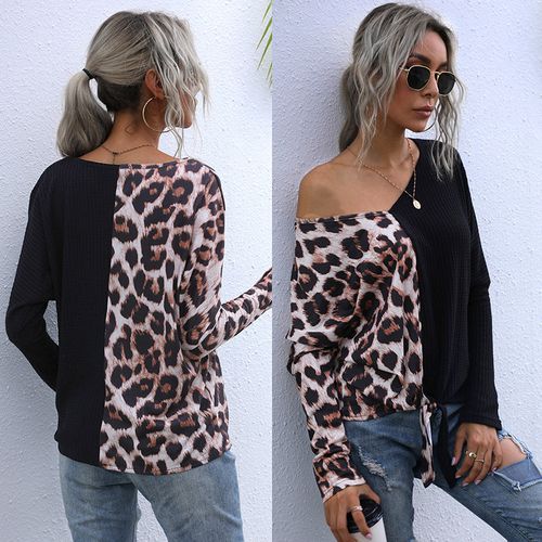 Women Leopard Print Stitching Color Contrast Top Long Sleeved T Shirt