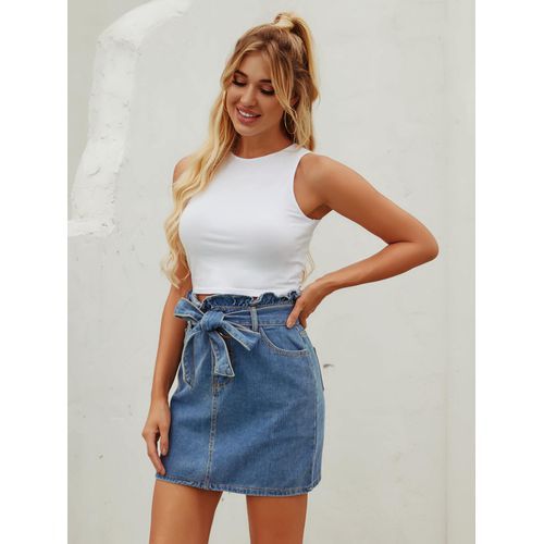 Retro Flounce High Waist Denim Short Washable Cross-tied All-matched Daily Women Skirts
