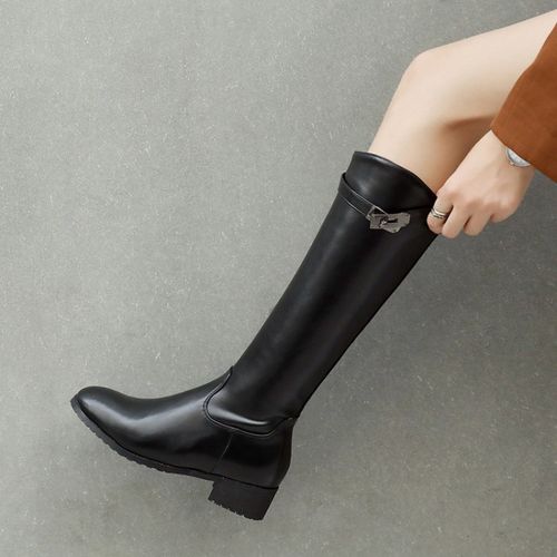 Women Pu Leather Low Heels Tall Motorcycle Boots