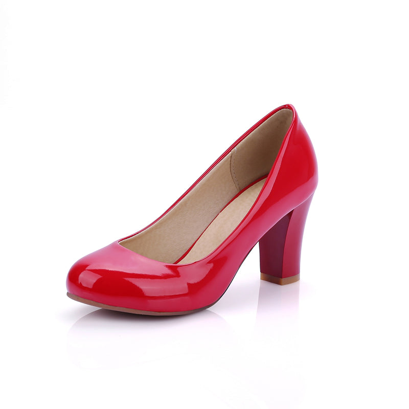 Patent Leather Round Toe Women Chunky Heel Pumps 7491