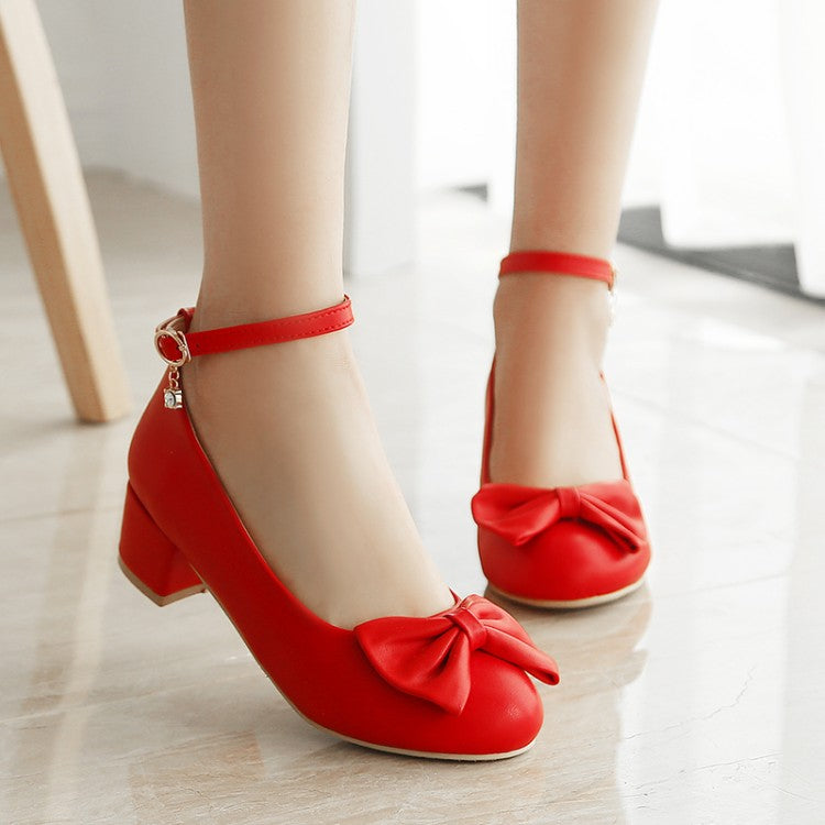 Women Pumps Ankle Straps Medium Heel Bowtie Patent Leather Shoes Woman ...